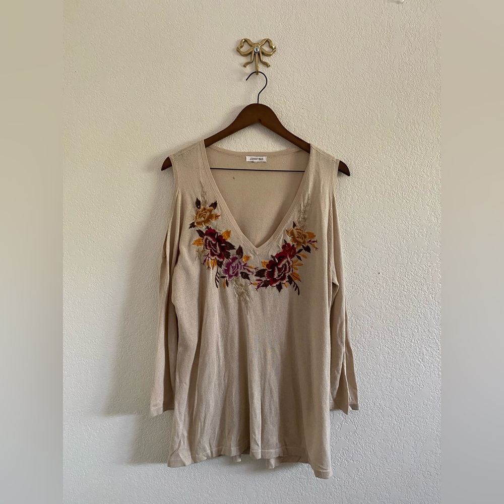 JOHNNY WAS Silk Cashmere Blend Cold Shoulder Womens Beige Sweater